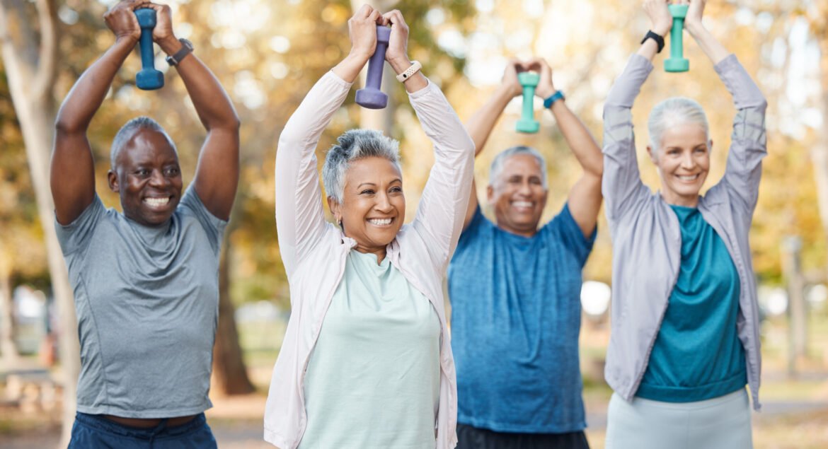 Fitness, weights and senior people in park for healthy body, wellness and active workout outdoors. .