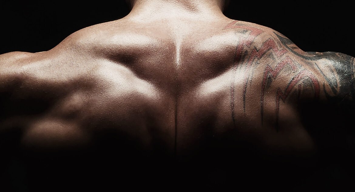 Unrecognizable man shows strong neck muscles closeup, athletic trapezius crop. Low key, studio shot on black background.